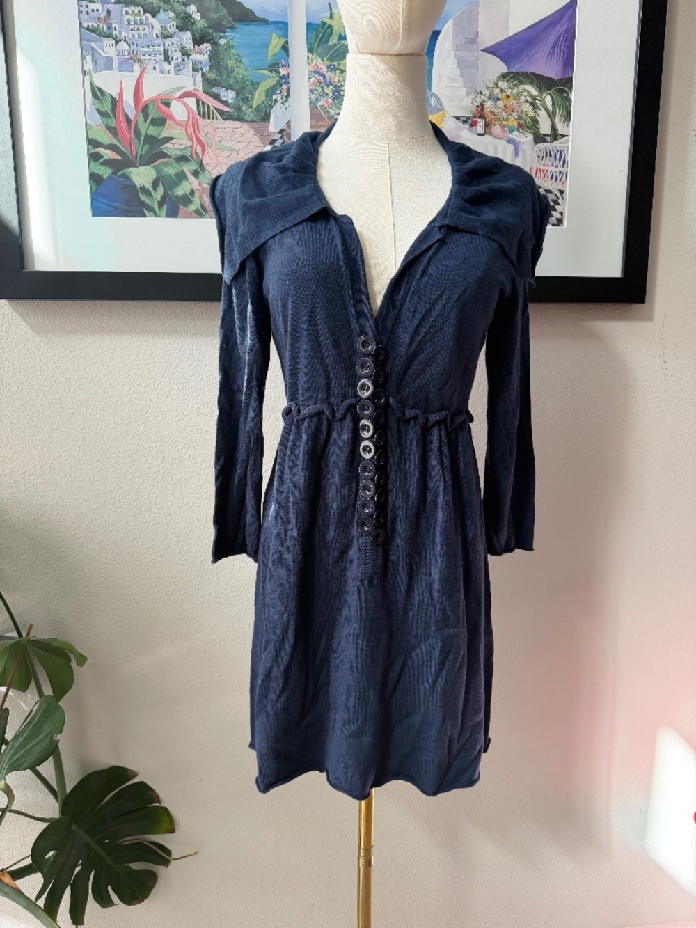 Y2K Navy Blue Sailor Collar Statement Button Fit and Flare Knit Dress Sz M